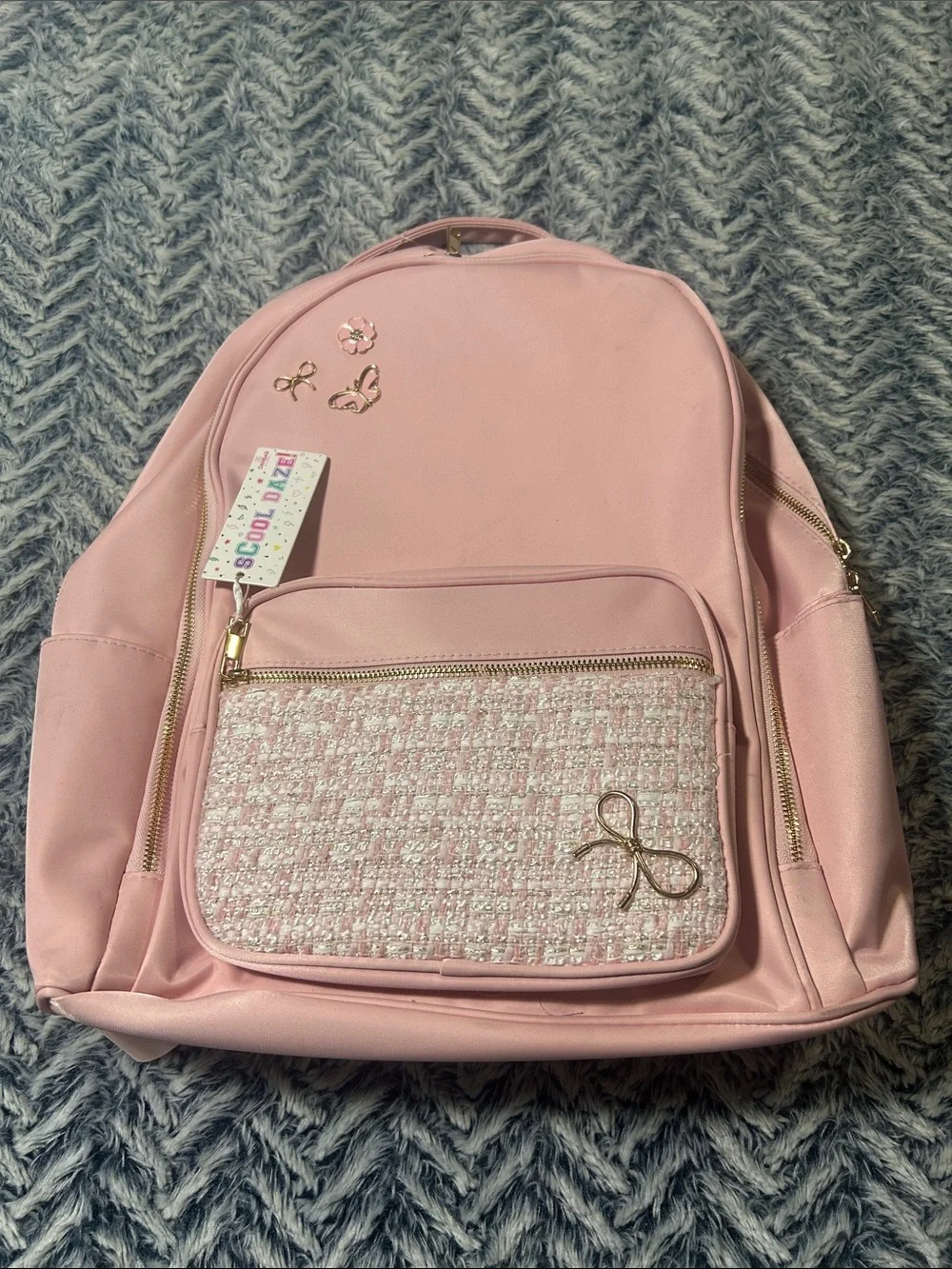 Pink Coquette-Style Backpack with Tweed Patteren and Gold Bow Accents